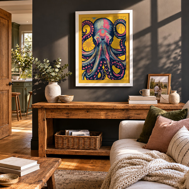 Ornamental Octopus Art Deco - Framed Print, A3 - 42.0 x 29.7 cm, White