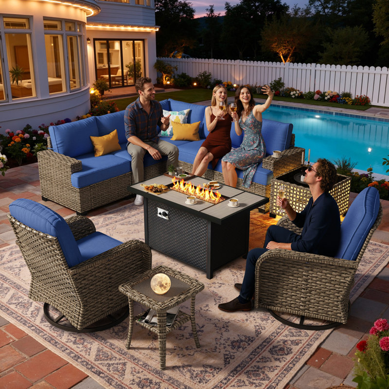7- Person Outdoor Wicker Patio Conversation Furniture Set With Fire Pit Table, Navy