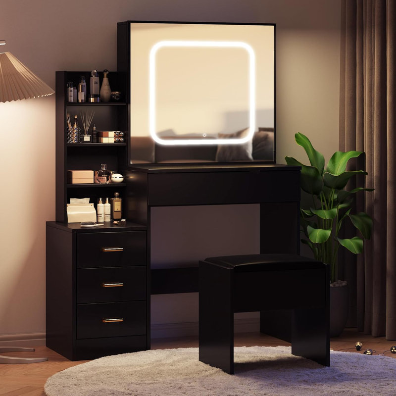 Vanity Desk with Mirror and LED Lights, Makeup Vanity Desk with Sliding Lighted Mirror, Dressing Table Set with Stool & 4 Drawers, Storage Shelves