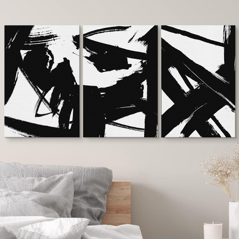 BAW noir et blanc, peinture abstraite, formes abstraites, minimaliste moderne, 3 pièces, H 24 po x l 48 po, Toile tendue