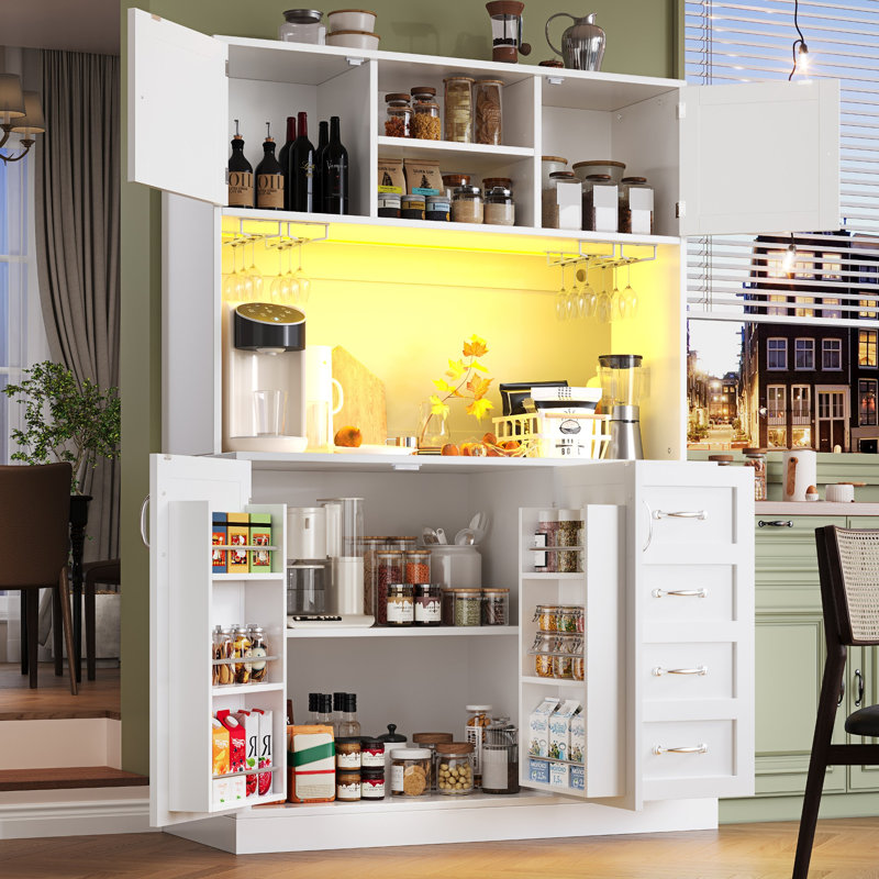120×40×188cm Minimalist Sideboard with App-Controlled LED, Snack Rack & Drink Holders, 4-Door 2-Drawer Buffet Storage Cabinet in Green / White