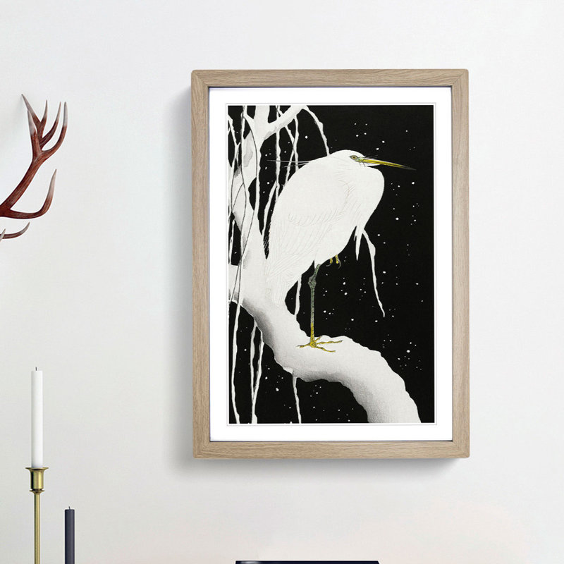 White Heron in the Snow by Ohara Koson - Framed Print, Oak Framed, 65cm H x 48cm W x 2cm D