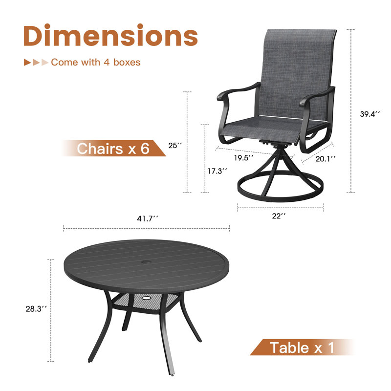 Ensemble de salle à manger pour 4 personnes avec table ronde en métal et chaises pivotantes en textilène, Gris