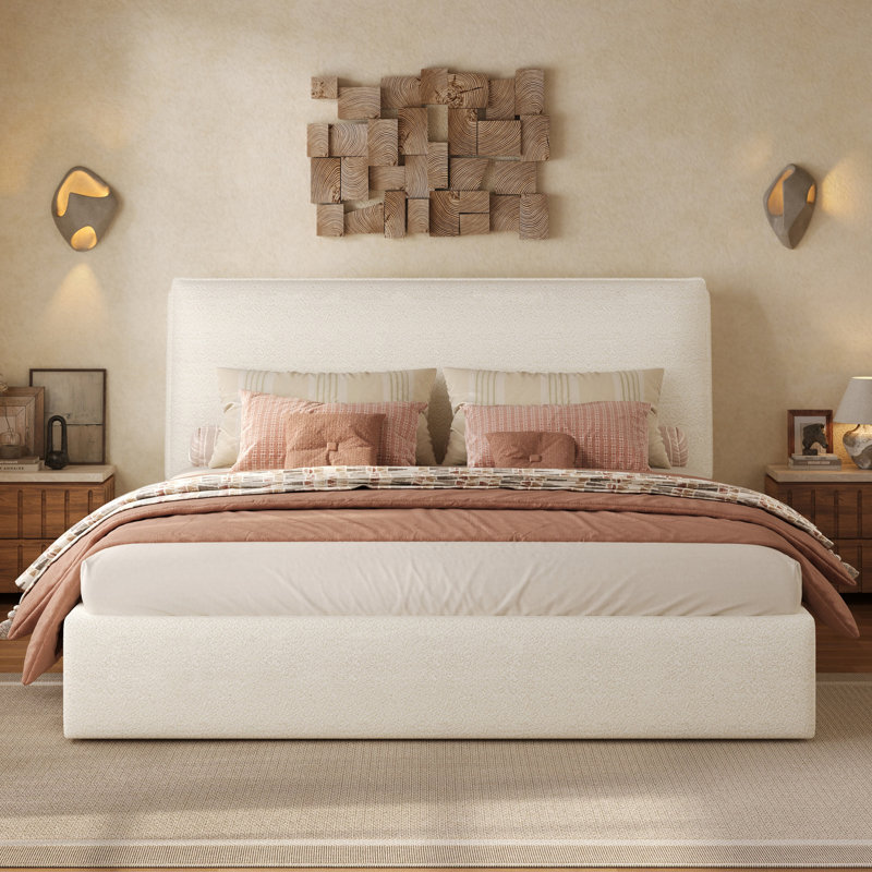 Coriddi Modern Boucle Upholstered Platform Bed with Low Profile Frame, King