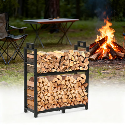 Heavy-Duty 2-Tier Firewood Rack With Carrying Bag, 30-Inch Rustproof Metal Firewood Holder For Indoor And Outdoor Fireplace, Patio, And Deck Use