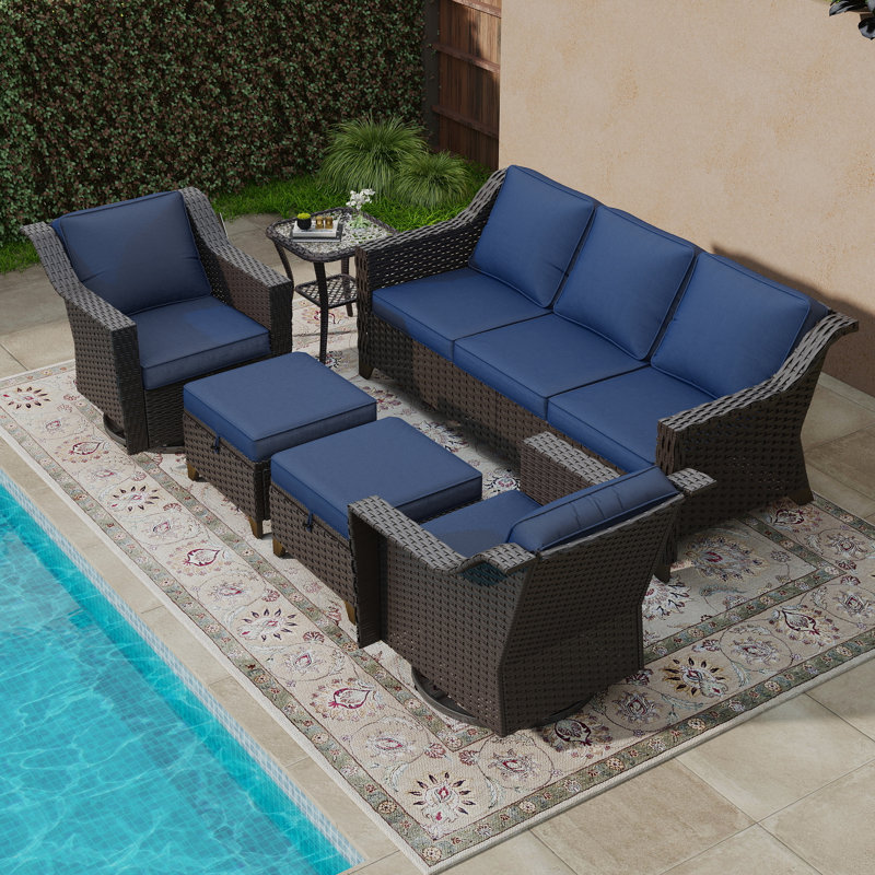 6-Piece Wicker Outdoor Sofa Set – Swivel Chairs & Hidden Storage Ottomans, Blue