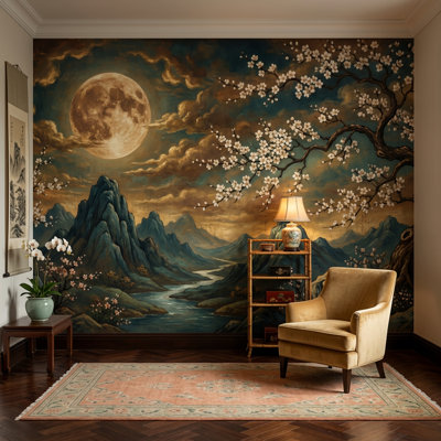 Papier peint foncé avec paysage de pleine lune amovible