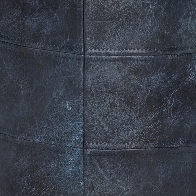 Connor 18"W Upholstered Genuine Leather Boho Round Pouf in Distressed Navy Blue, Distressed Navy Blue Genuine Leather