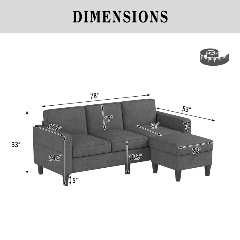 Canapé en L 78 po à trois places pour petits espaces, Mélange de polyester gris foncé