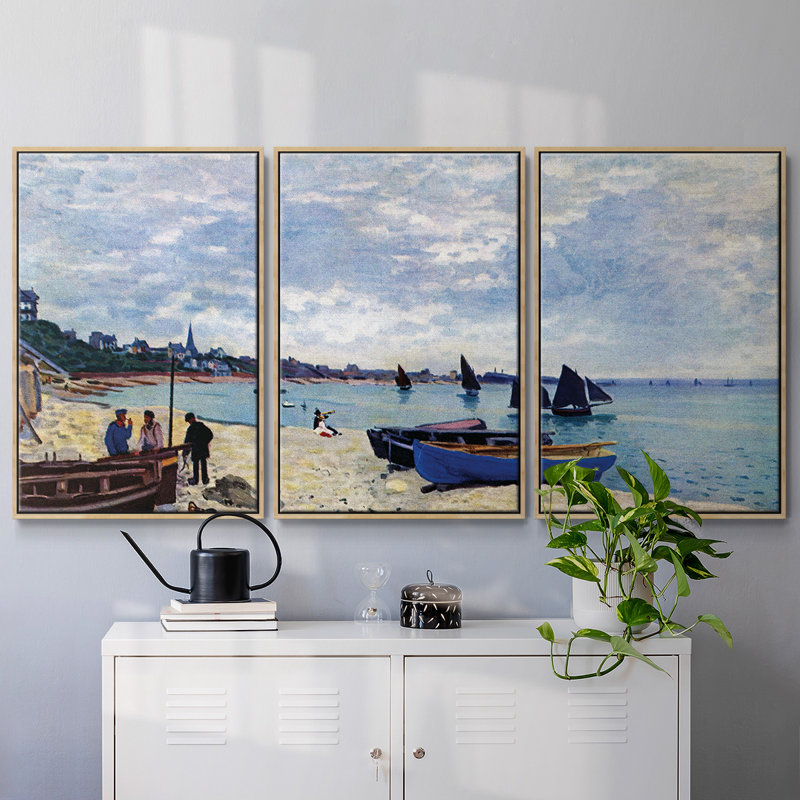 «The Beach At Sainte Adresse # 2» par Monet, reproduction sur toile 3 pièces, H 24 po x l 48 po x P 2 po, Naturel