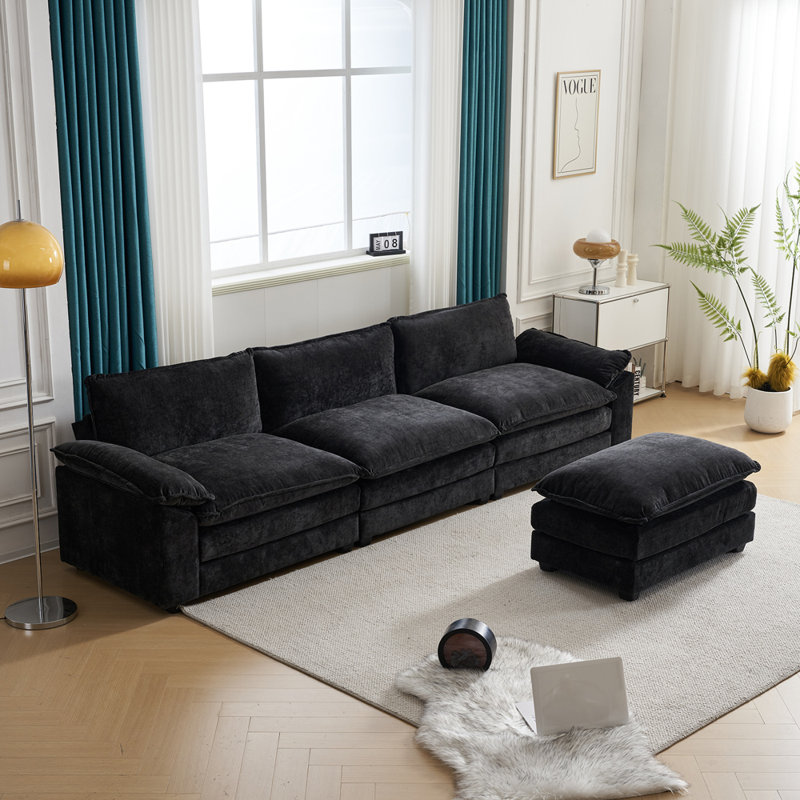 Avrilynn 120'' Upholstered Cloud Sofa&Couch with Ottoman, Black Chenille, 120"W x 32.3"D x 33.5"H (3-Seat)