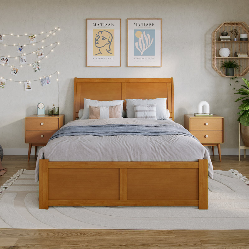 Lit double à panneau en bois massif avec lit gigogne Nystead de Charlton Home®, Caramel clair