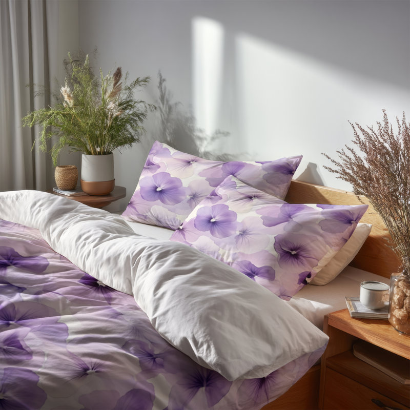 Floral 3 Pcs Bedding Set - Boho Soft Pansy Duvet Cover Set, King Duvet Cover + 2 King Shams