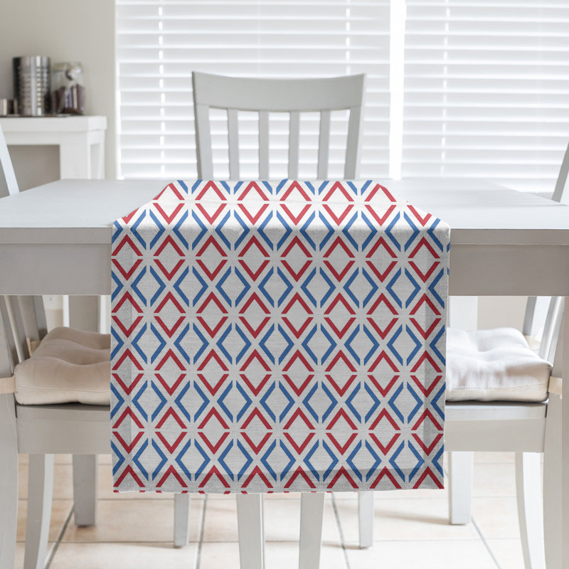 Chemin de table en losanges à flèche à carreaux fêtes, L 90 po x l 16 po, Bleu / Rouge, Polyester