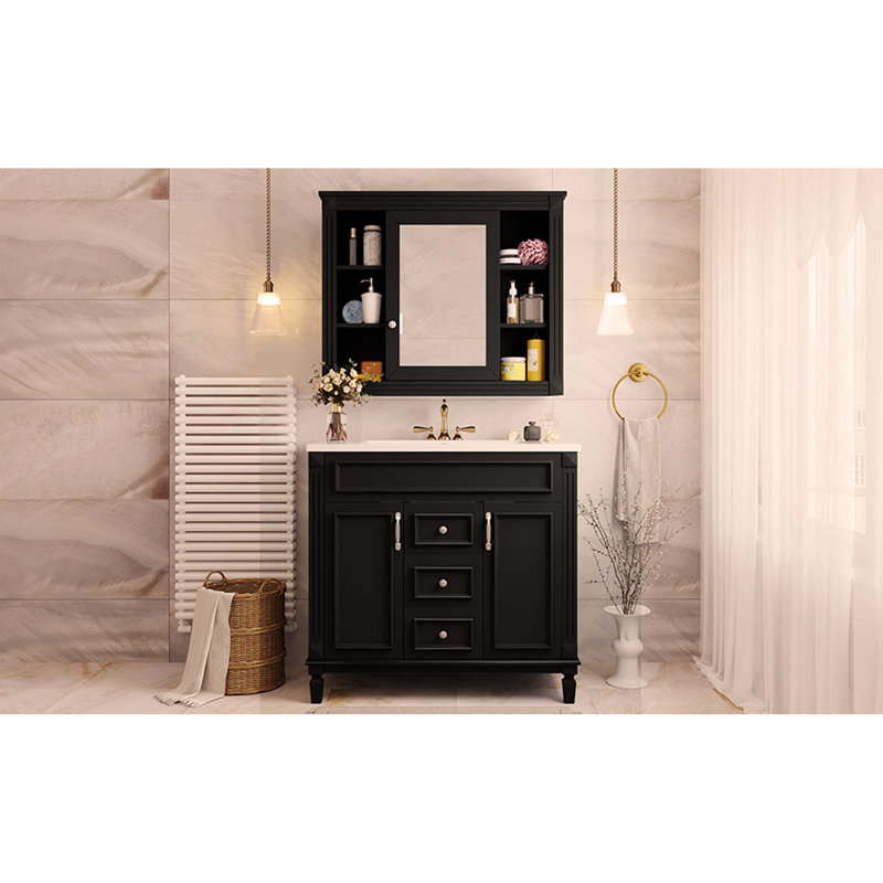 Meuble-lavabo 36 po avec lavabo supérieur et armoire à miroir - Solution de rangement moderne, Noir