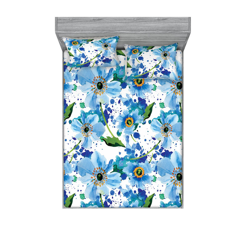 Drap-housse et taies décoratives 3 pièces Ambesonne, Bleu azur pâle, moutarde / floral
