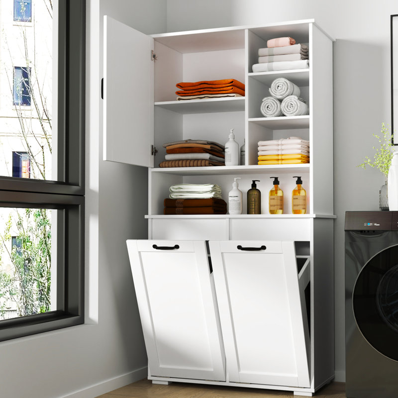 Armoire de buanderie autoportante - Panier inclinable, Portes, Tablette, Rangement multiple, Blanc, Option de tablette réglable Panier facile d'entretien, Autoportant, Réglable, Blanc