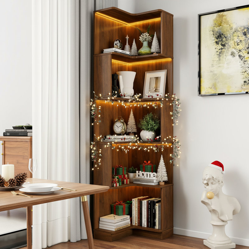 Garde-manger de coin à 5 niveaux avec lumières DEL, tablette de rangement autoportante en forme de L, Noyer