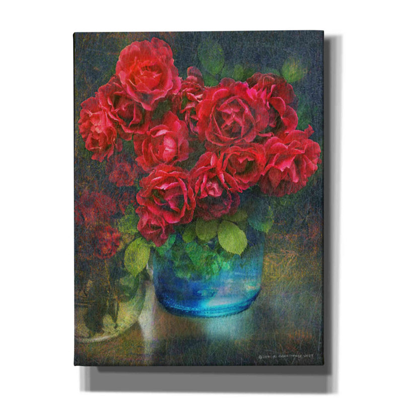 «Roses in Blue Jar» par Chris Vest, art mural sur toile, H 16 po x l 12 po x P 0,75 po
