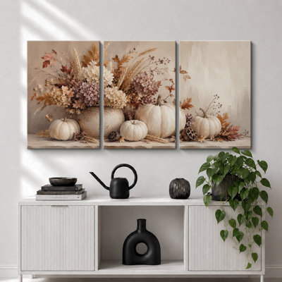 Neutral Pumpkin Floral Still Life Artwork, Dining Room Pictures, Framed Canvas Giclee Print 2 Pieces Wall Art - 24"x36"x2pcs