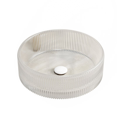 14"Bathroom Round Crystal Glass Sink without Faucet, Transparent
