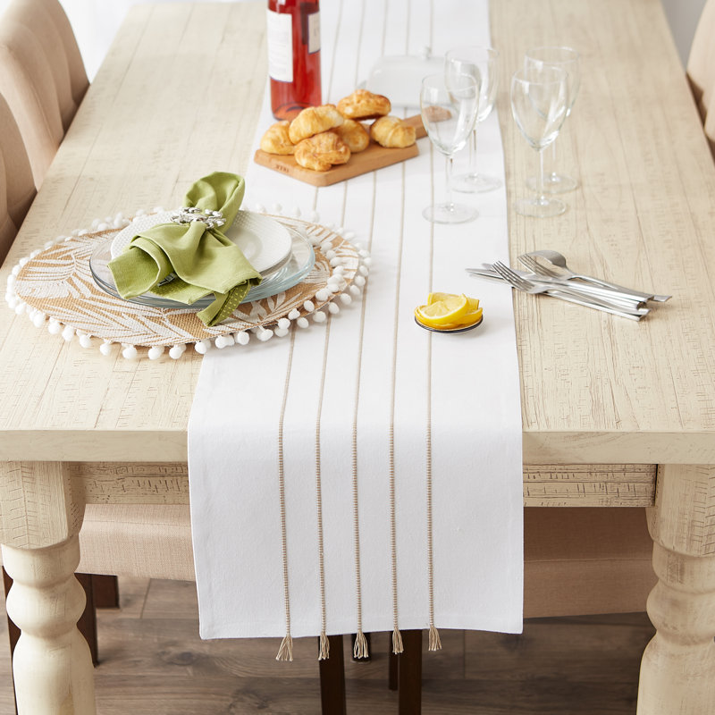 Chemin de table marine / blanc cassé à rayures 14 x 72, L 72 po x l 14 po, Blanc / pierre