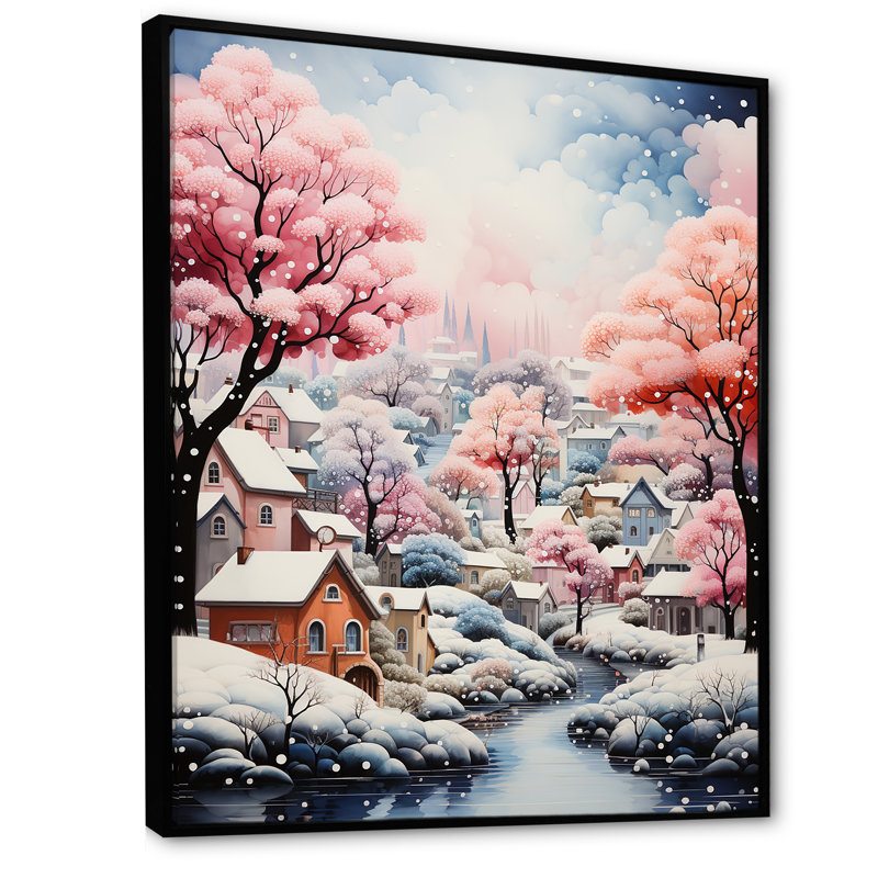 «Pink City Art Deco Charm I», art mural ville art déco, Cadre flottant noir, H 44 po x l 34 po x P 1,5 po