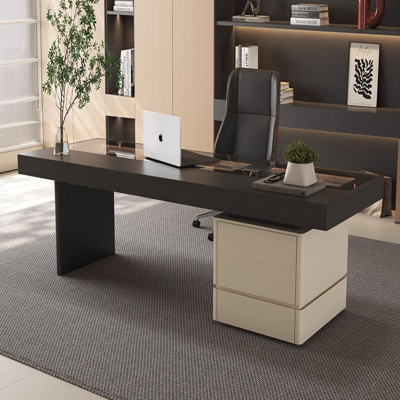 Bureau rectangulaire noir / beige en verre trempé + bois manufacturé avec 6 tiroirs, H 29,53 po x l 70,87 po x P 27,56 po