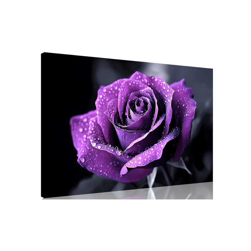 1 Panel Purple Flower Pictures Canvas Wall Art Purple Black and White Purple Rose with Dewdrops Artwork Painting on Canvas Stretched and Framed for Home Decor Living Room 12x18 inch