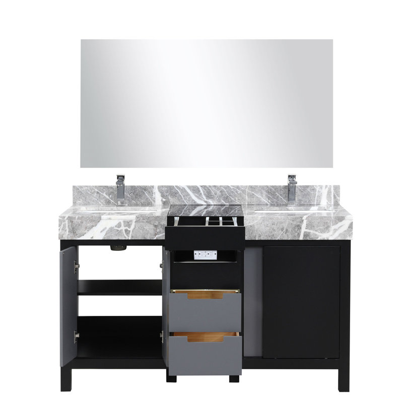 Black and Grey Double Bath Vanity 55 in. W x 22 in. D, Castle Grey Marble Top, Chrome Faucet Set and 53 in. Mirror
