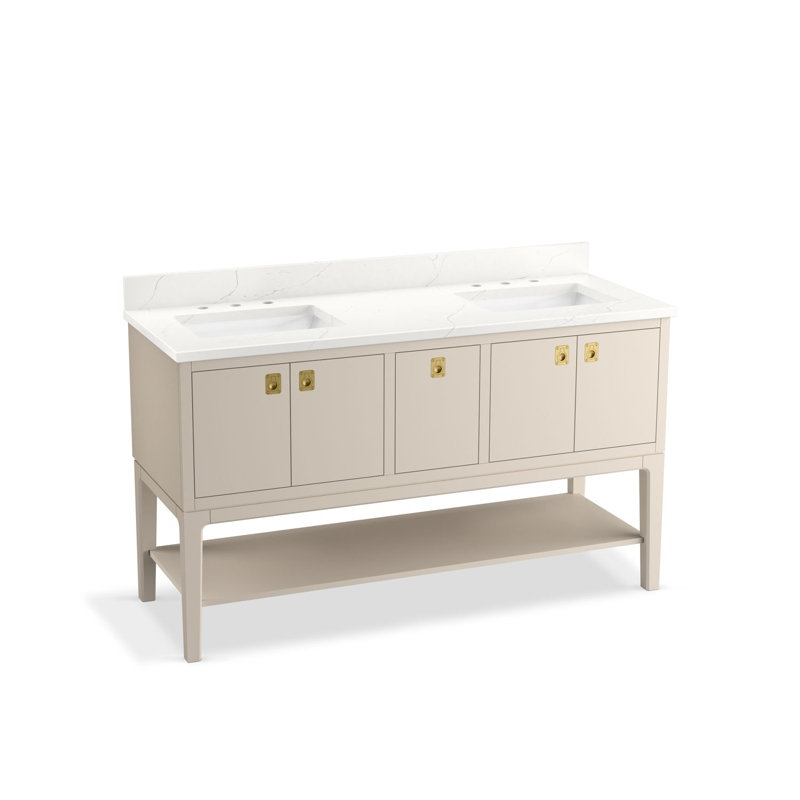 Seagrove By Studio McGee 60 in. Bathroom Vanity Cabinet With Sinks And Quartz Top, Light Clay, Brass