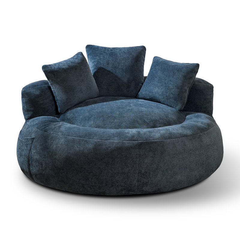 Compression 52" W Oversize Adult Round Faux Fur Foam Filled Bean Bag Sofa With 3 Back Pillows, Dark Blue Faux Fur