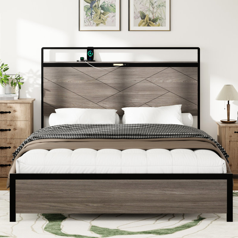 Antique Grey Full Size Bed Frame With Led Headboard, Under - Space, 2 Usbs, No Noise, Simple Assembly Steps Storage, Touch Lighting, Type C Charging, Modern Retro Blend, Solid Construction