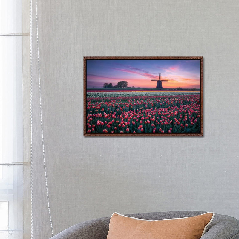 Windmill And Tulips by Dick Van Duijn - Print on Canvas, Classic Brown Wood Framed, 45.72cm H x 66.04cm W x 3.81cm D