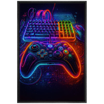 Neon Gaming Controller and Keyboard Artwork, Modern Game Room Pictures, Framed Canvas Giclee Print 3 Pieces Wall Art