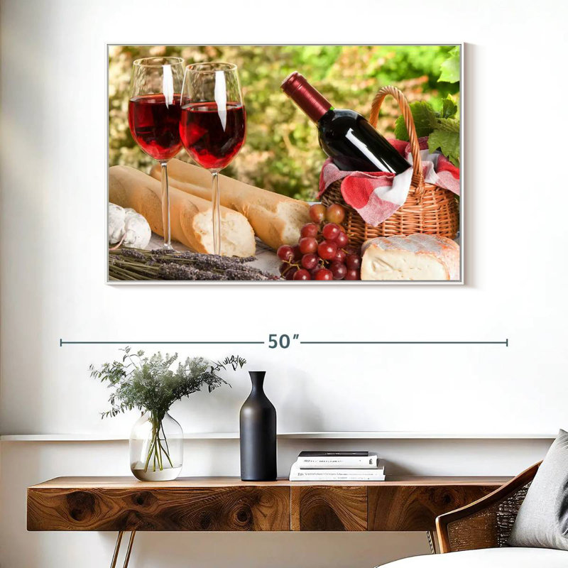 Pique-nique au vin rouge, Cadre flottant blanc, 43 po x 29 po