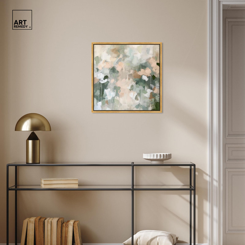 «Earth & Emerald Rhythm Canvas Minimal Abstracts» par Art Remedy, Cadre flottant doré, H 21 po x l 21 po x P 1,8 po