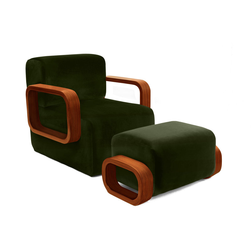 Cayenne Chair with Ottoman, Evergreen Velvet, Brown Oak