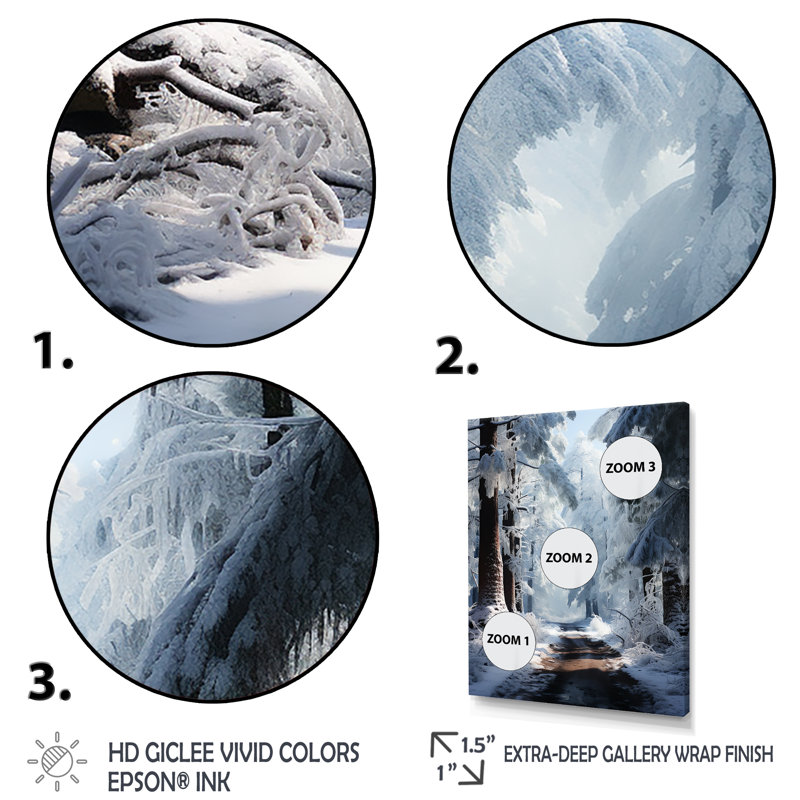 «White Path To The Winter III», art mural forêt, H 32 po x l 16 po x P 1 po, Cadre flottant doré