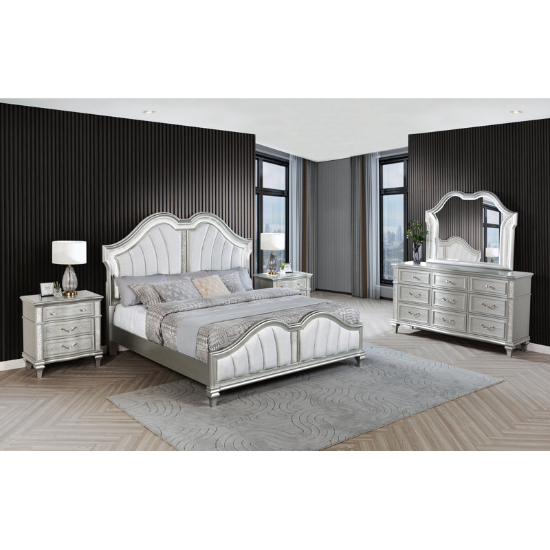 Ensemble de chambre à coucher argenté avec lumières DEL et tête de lit tapissier, 3 Pcs: Bed, Nightstand, Dresser, Queen