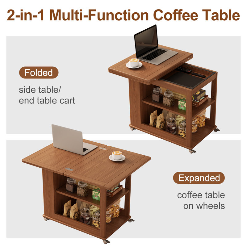27.5"-36.2"Drop Leaf Expandable Rolling Coffee Table with Double Storage Shelves,  Foldable Side Dining Cart for Small Space Living Room