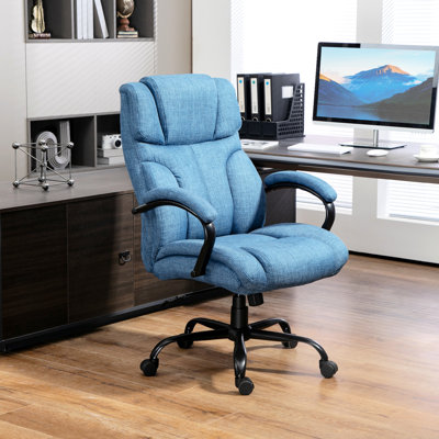 Blue Linen Office Chair For Heavyweight Users, 500lbs Capacity, Adjustable Height, Swivel, Expansive Base Big And Tall Work Chair, Weight Fabric, Swivel Movement, Spacious