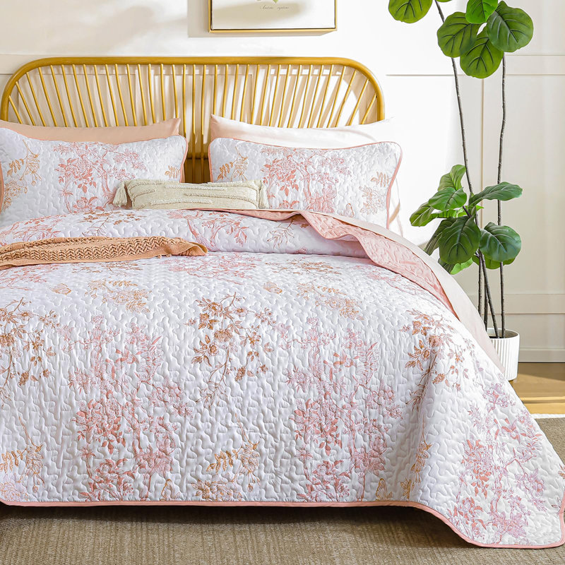 Ensemble de courtepointe à motif floral à motif de feuilles et de papillons 3 pièces, Rose