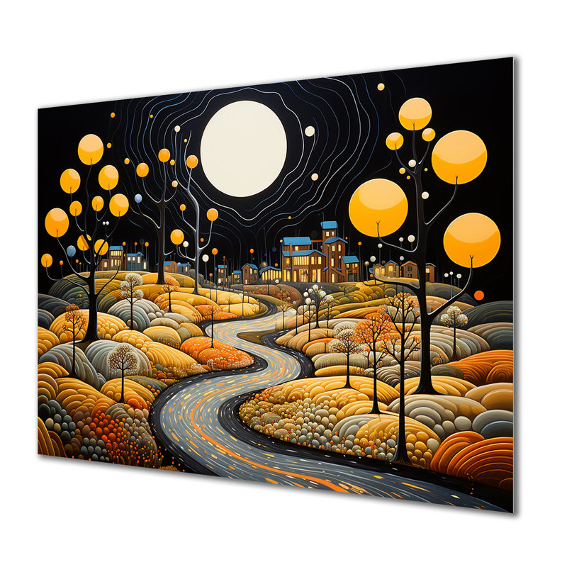 «Yellow Trees Full Moon Country Road», art mural abstrait, Métal métal, H 12 po x l 20 po x P 1 po