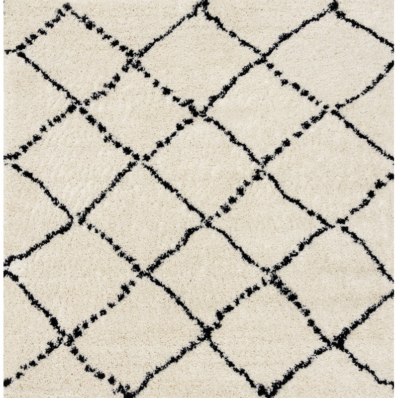 Tapis d'intérieur doux ivoire / noir à motif géométrique Lydon, Carré 3 pi 11 po