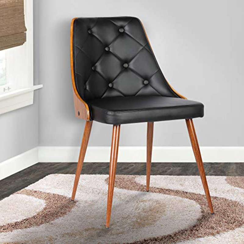 Winship Mid-Century Tufted Dining Chair in Faux Leather and Walnut Wood, Black Faux Leather
