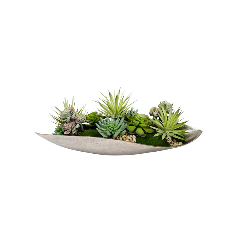 Faux Moss,Succulents Arrangement in Metal Tray