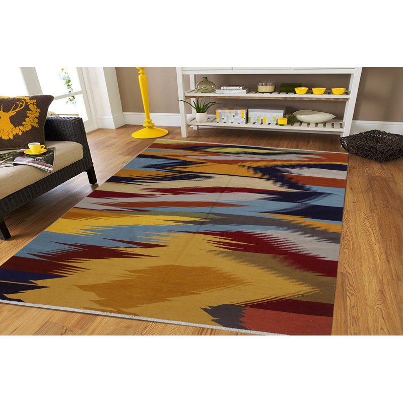 Tapis jaune / bleu / brun en laine à motif abstrait fait à la main 6 pi x 9 pi Madee
