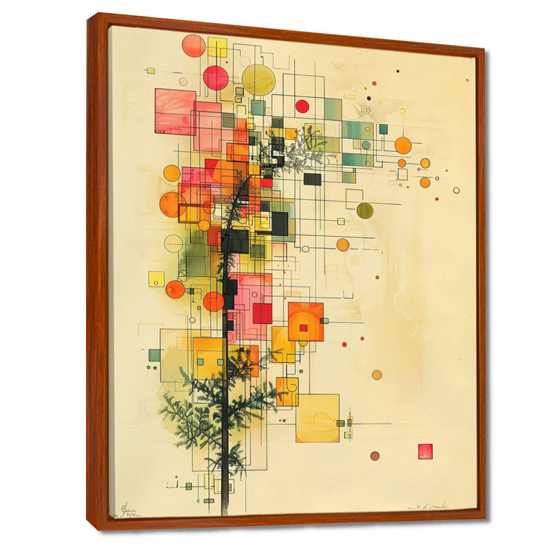 «Subtle Tree Realms Retro Colors Pencil - Abstract Midcentury», art mural, Toile avec cadre flottant brun