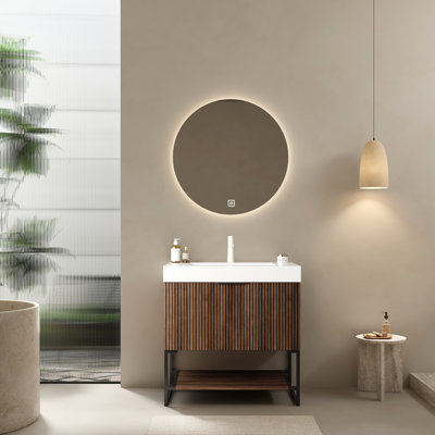 Lavabo de salle de bain 30 po, lavabo rectangulaire à surface solide, armoire de rangement en contreplaqué, rayure noyer rétro, tiroir à fermeture en douceur, installation facile, fonction d'apparence, tiroir et tablette, à assembler